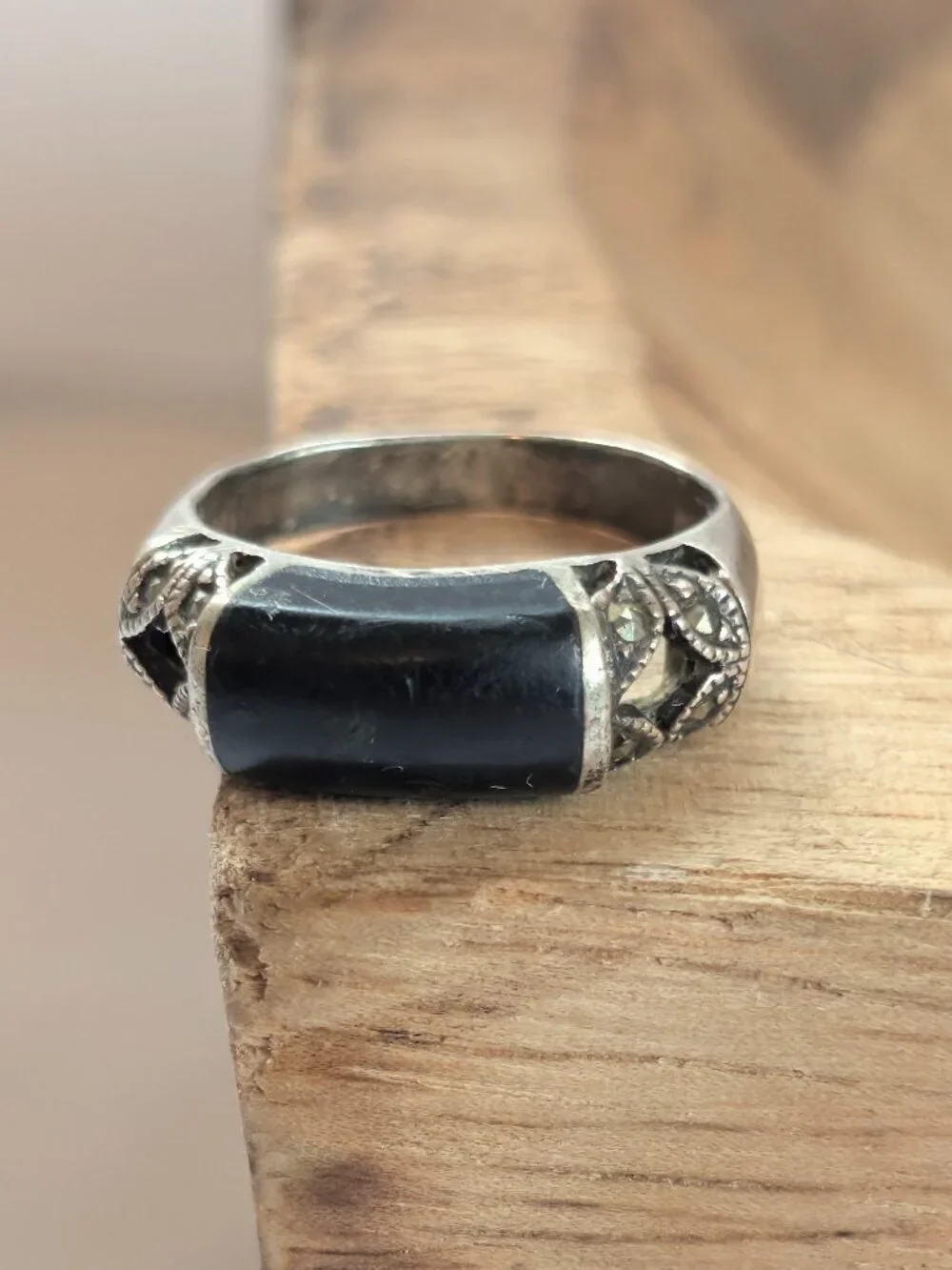Vintage Sterling Silver 925 Black Onyx Marcasite Ring Size 7
